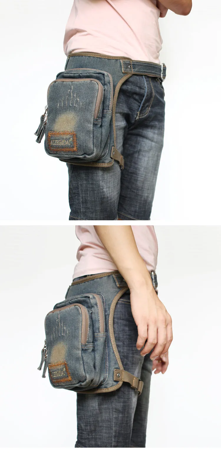 Blue Denim Bag With Leg Strap Waist Bag Drop Leg Bag Mens Denim Thigh Bag Fanny Pack for Men