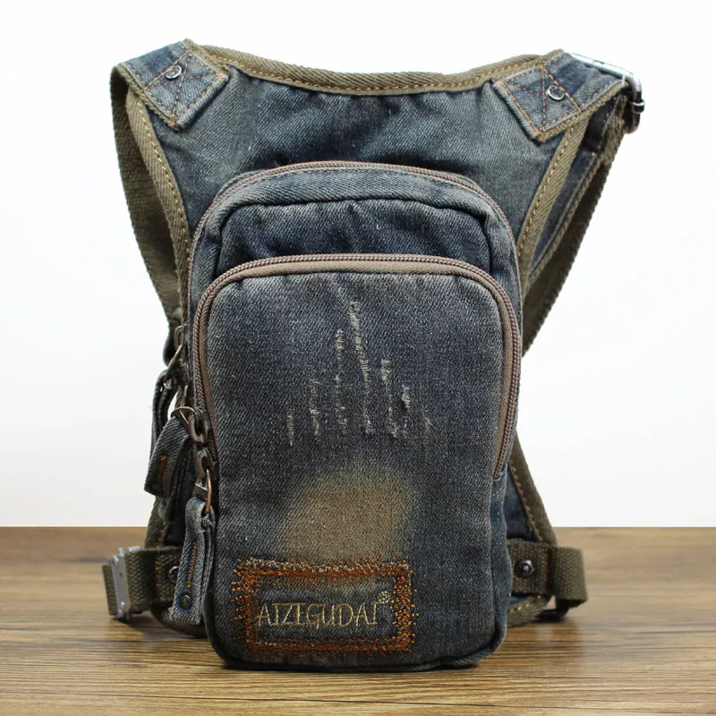 Blue Denim Bag With Leg Strap Waist Bag Drop Leg Bag Mens Denim Thigh Bag Fanny Pack for Men