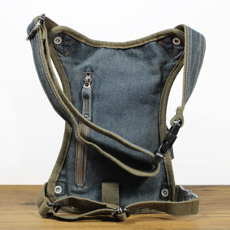 Blue Denim Bag With Leg Strap Waist Bag Drop Leg Bag Mens Denim Thigh Bag Fanny Pack for Men