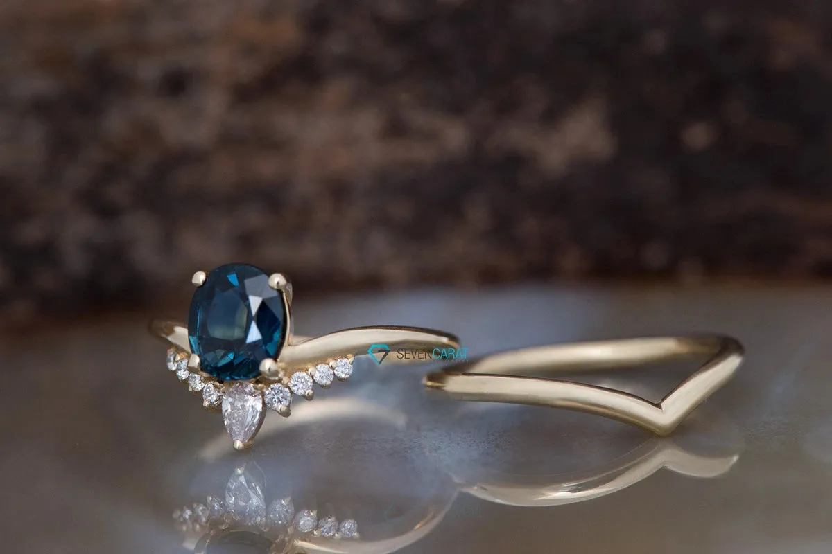 Blue Green Sapphire wedding ring set 14k 18k yellow gold