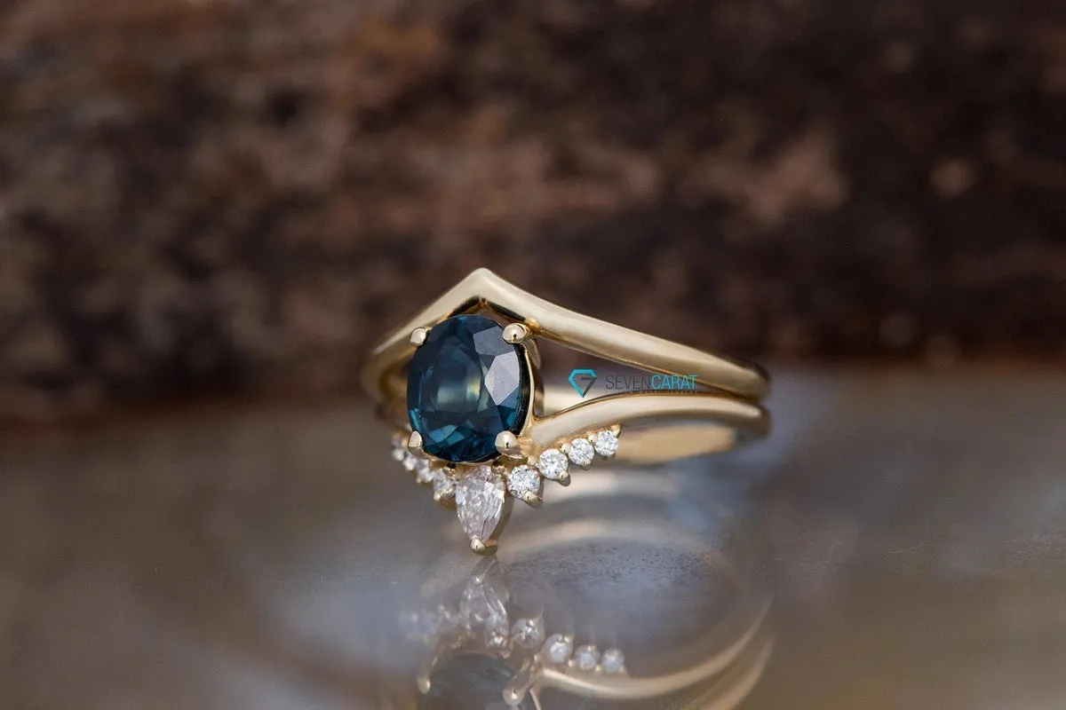 Blue Green Sapphire wedding ring set 14k 18k yellow gold