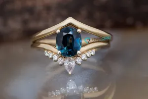 Blue Green Sapphire wedding ring set 14k 18k yellow gold