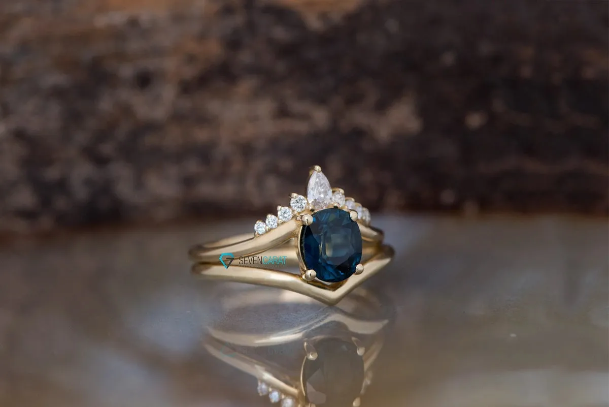 Blue Green Sapphire wedding ring set 14k 18k yellow gold
