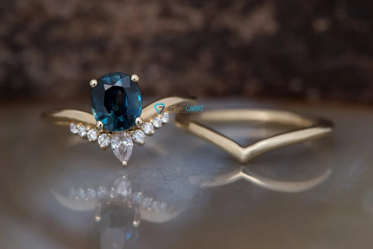 Blue Green Sapphire wedding ring set 14k 18k yellow gold