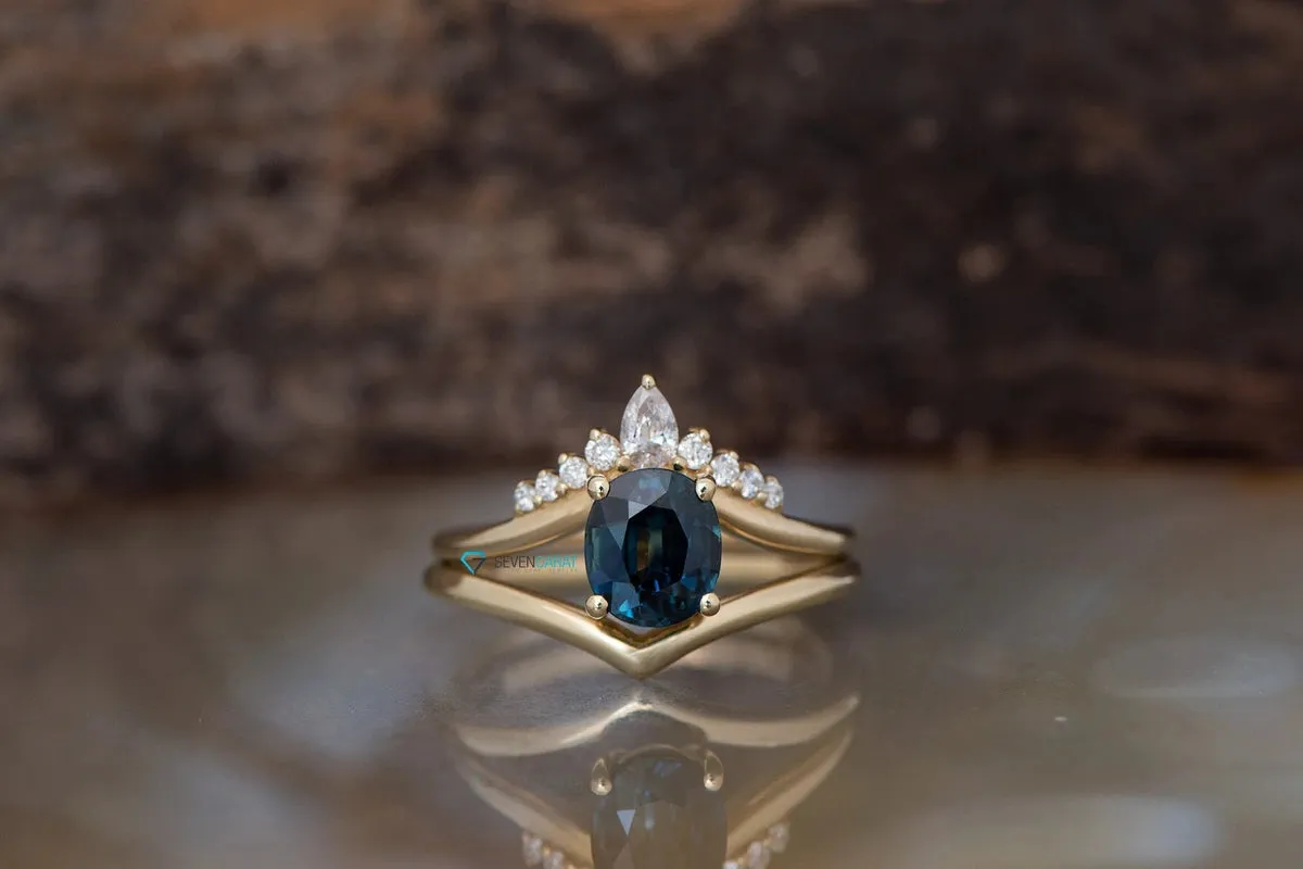 Blue Green Sapphire wedding ring set 14k 18k yellow gold