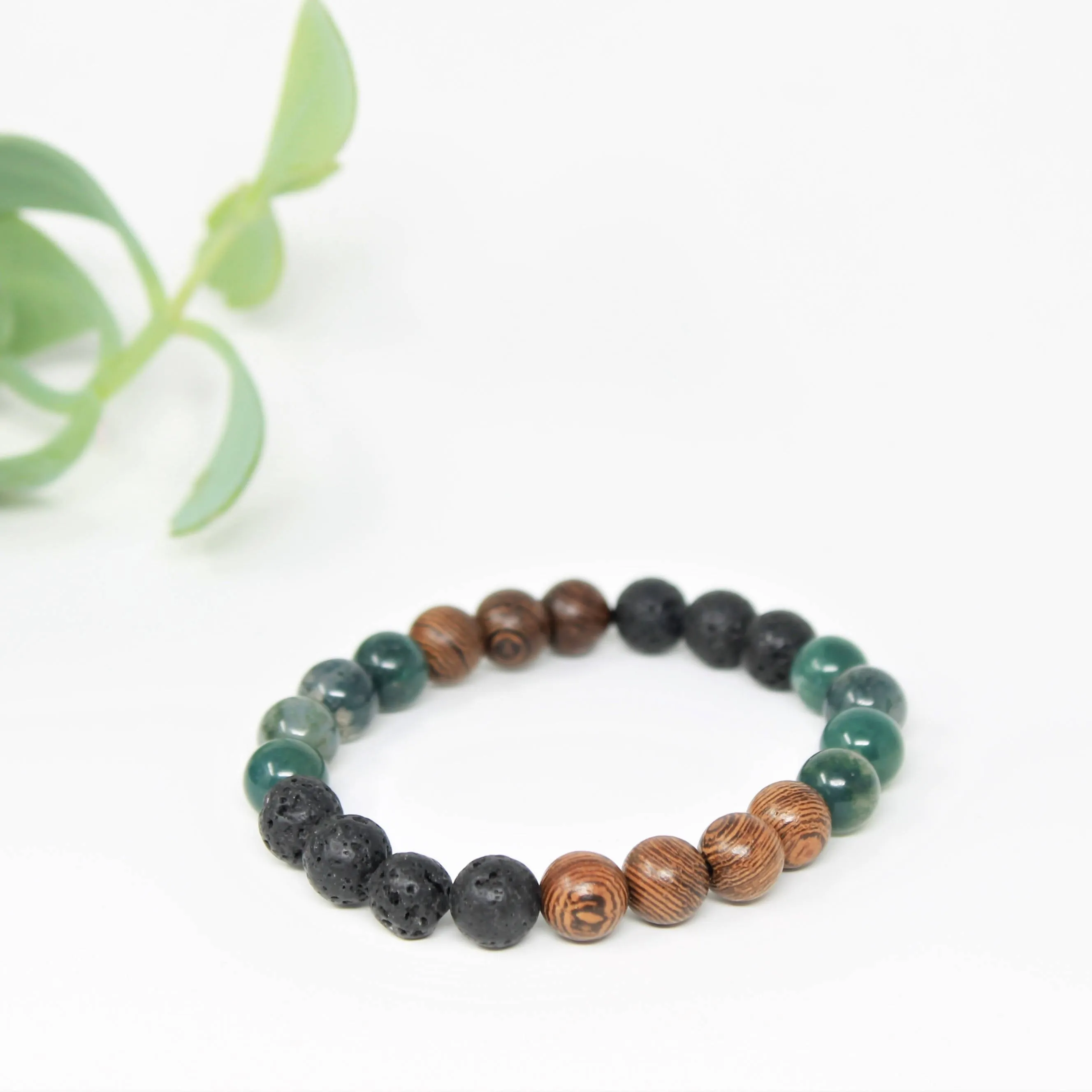Bracelet diffuseur en pierres semi précieuses pour femmes et hommes: agate mousse, pierres de lave et bois wenge