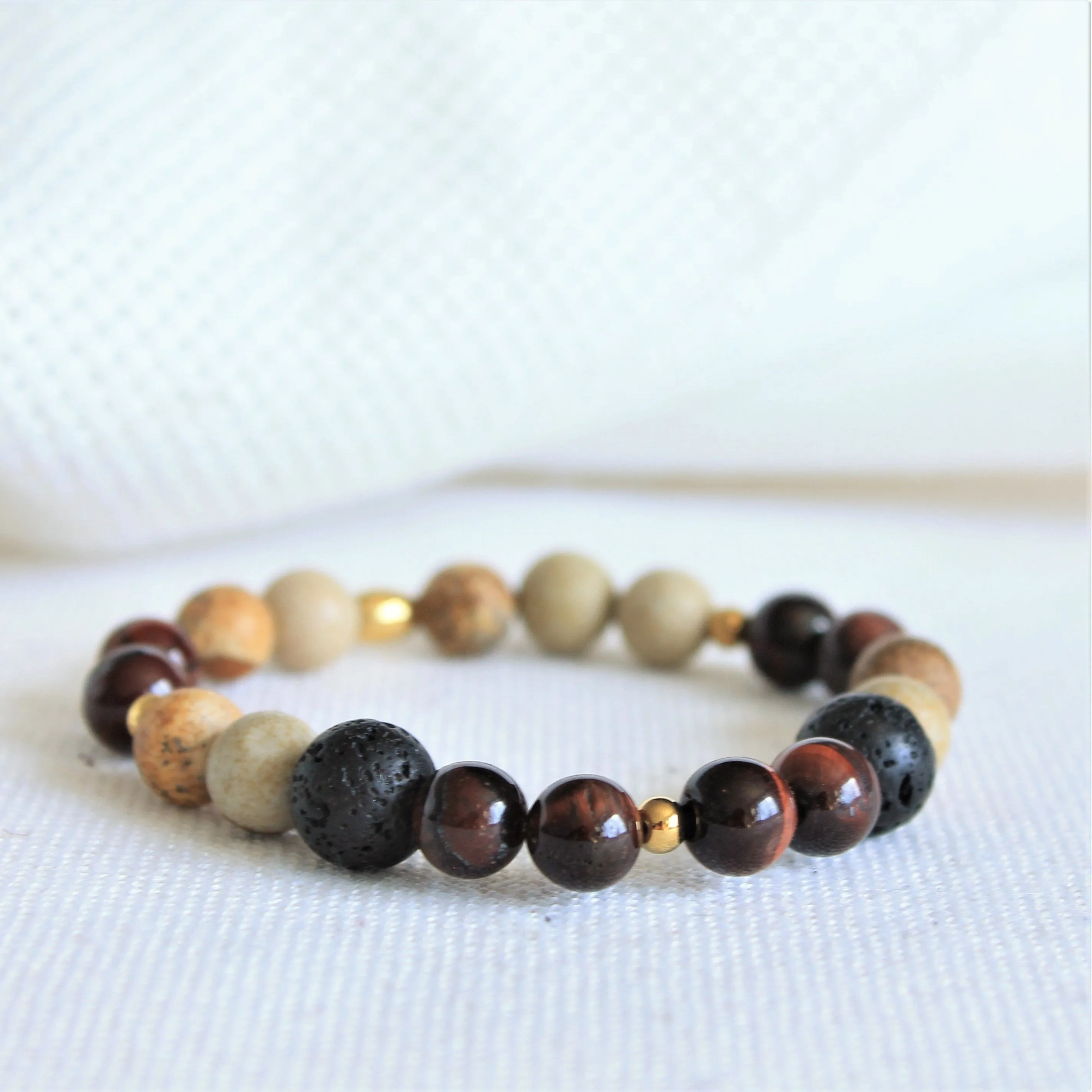 Bracelet élastique en pierres semi précieuses 8mm : jaspe paysage, oeil de taureau, pierre de lave et inox, diffuseur d'huiles essentielles