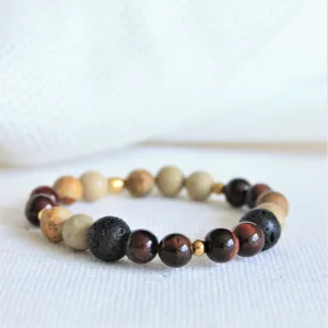 Bracelet élastique en pierres semi précieuses 8mm : jaspe paysage, oeil de taureau, pierre de lave et inox, diffuseur d'huiles essentielles