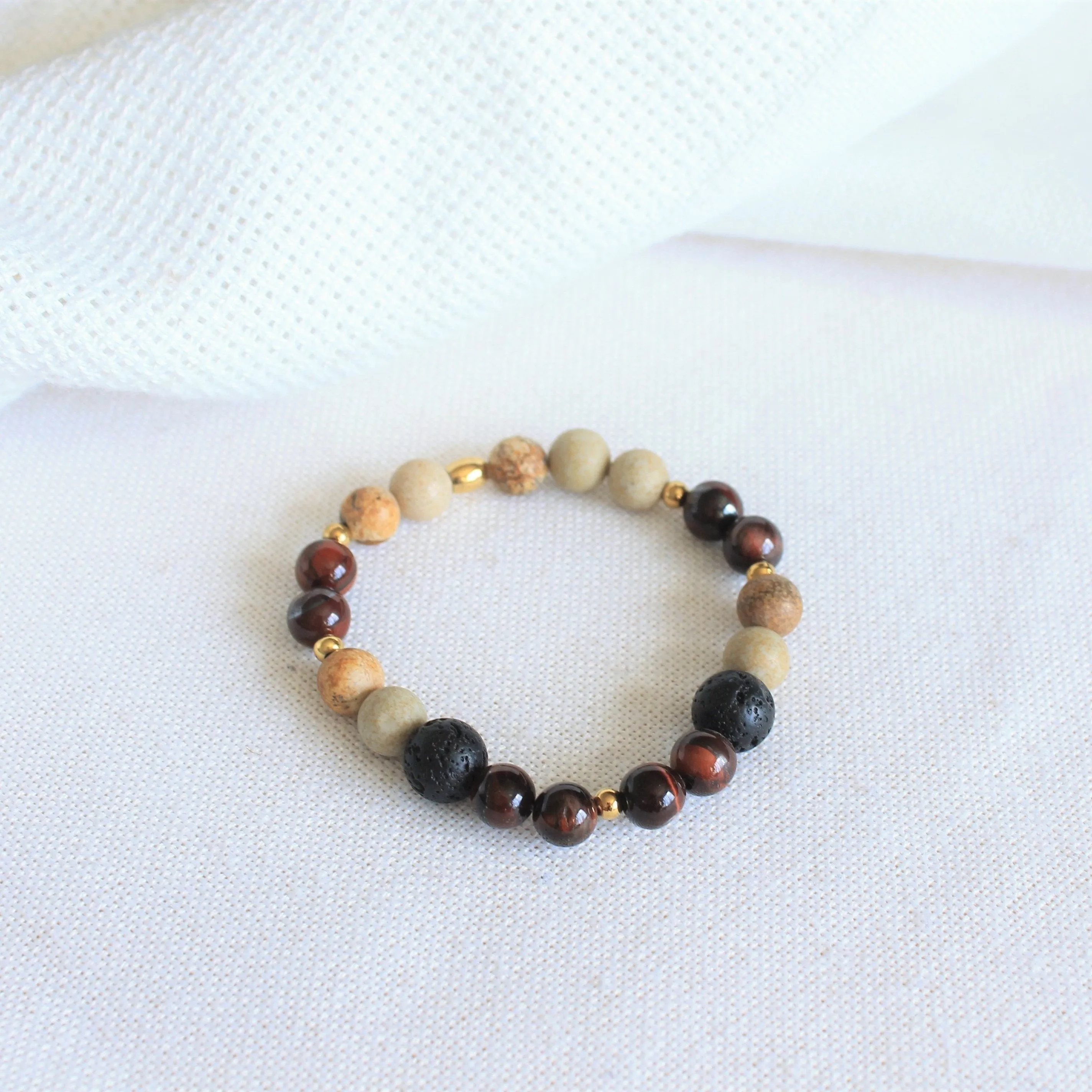 Bracelet élastique en pierres semi précieuses 8mm : jaspe paysage, oeil de taureau, pierre de lave et inox, diffuseur d'huiles essentielles