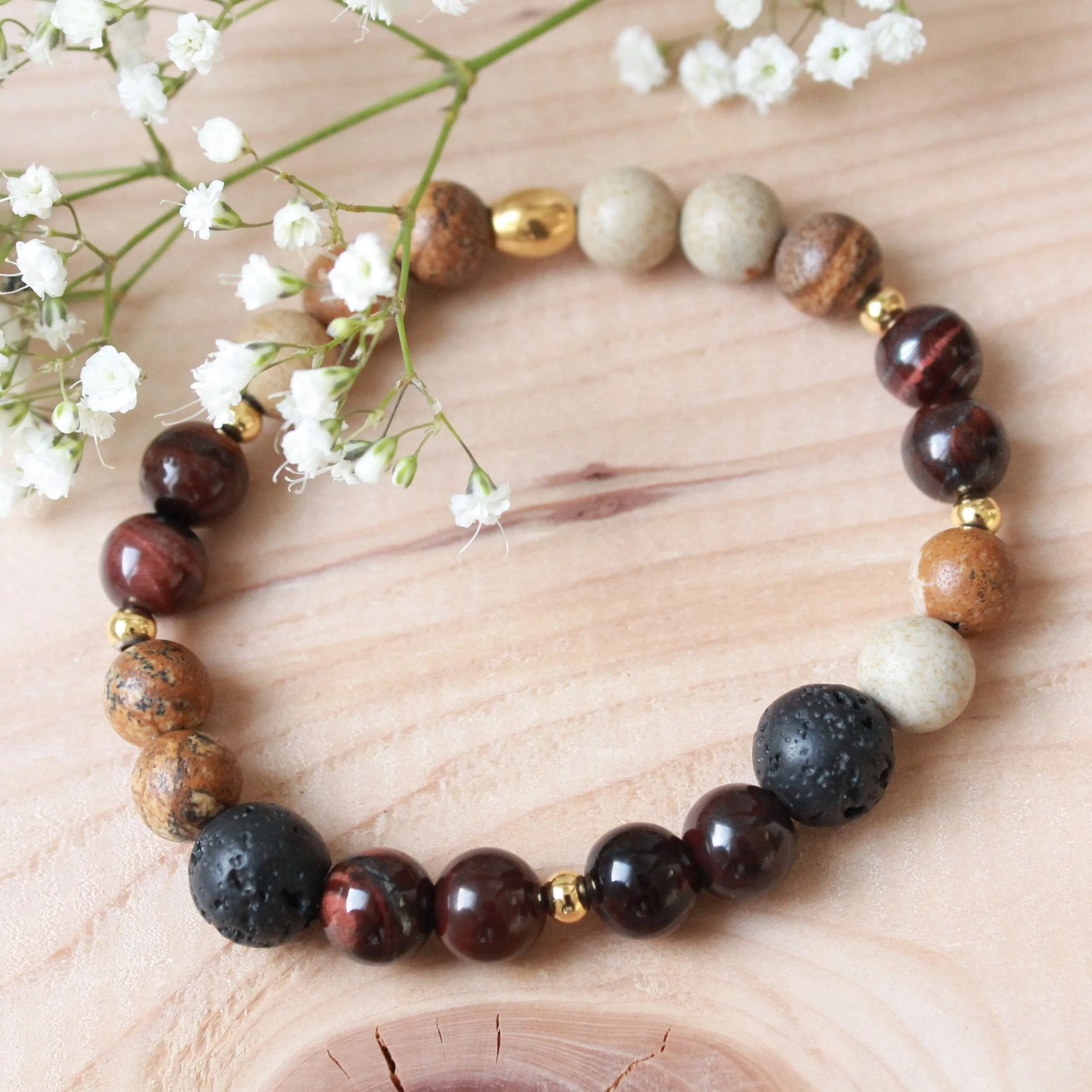 Bracelet élastique en pierres semi précieuses 8mm : jaspe paysage, oeil de taureau, pierre de lave et inox, diffuseur d'huiles essentielles
