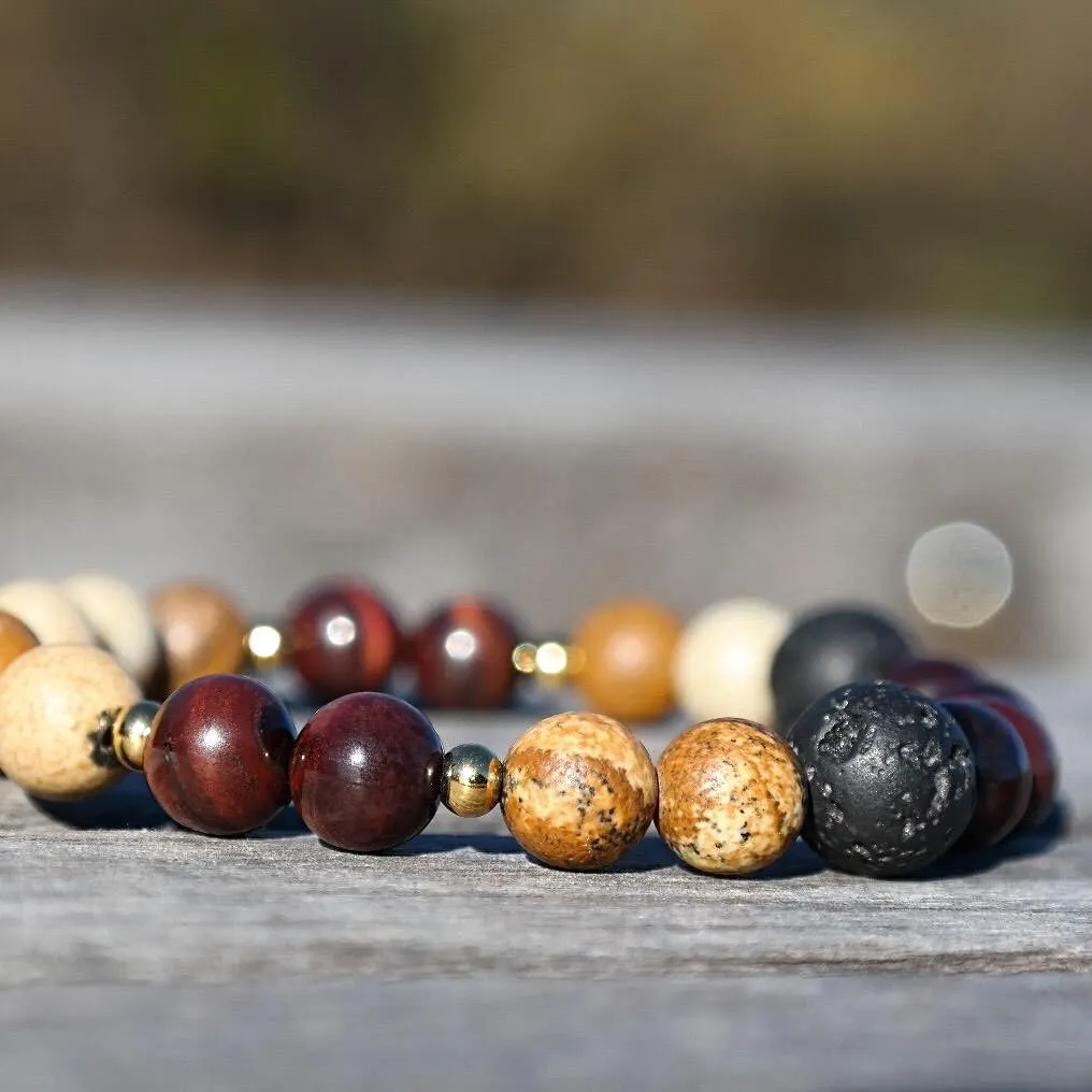Bracelet élastique en pierres semi précieuses 8mm : jaspe paysage, oeil de taureau, pierre de lave et inox, diffuseur d'huiles essentielles
