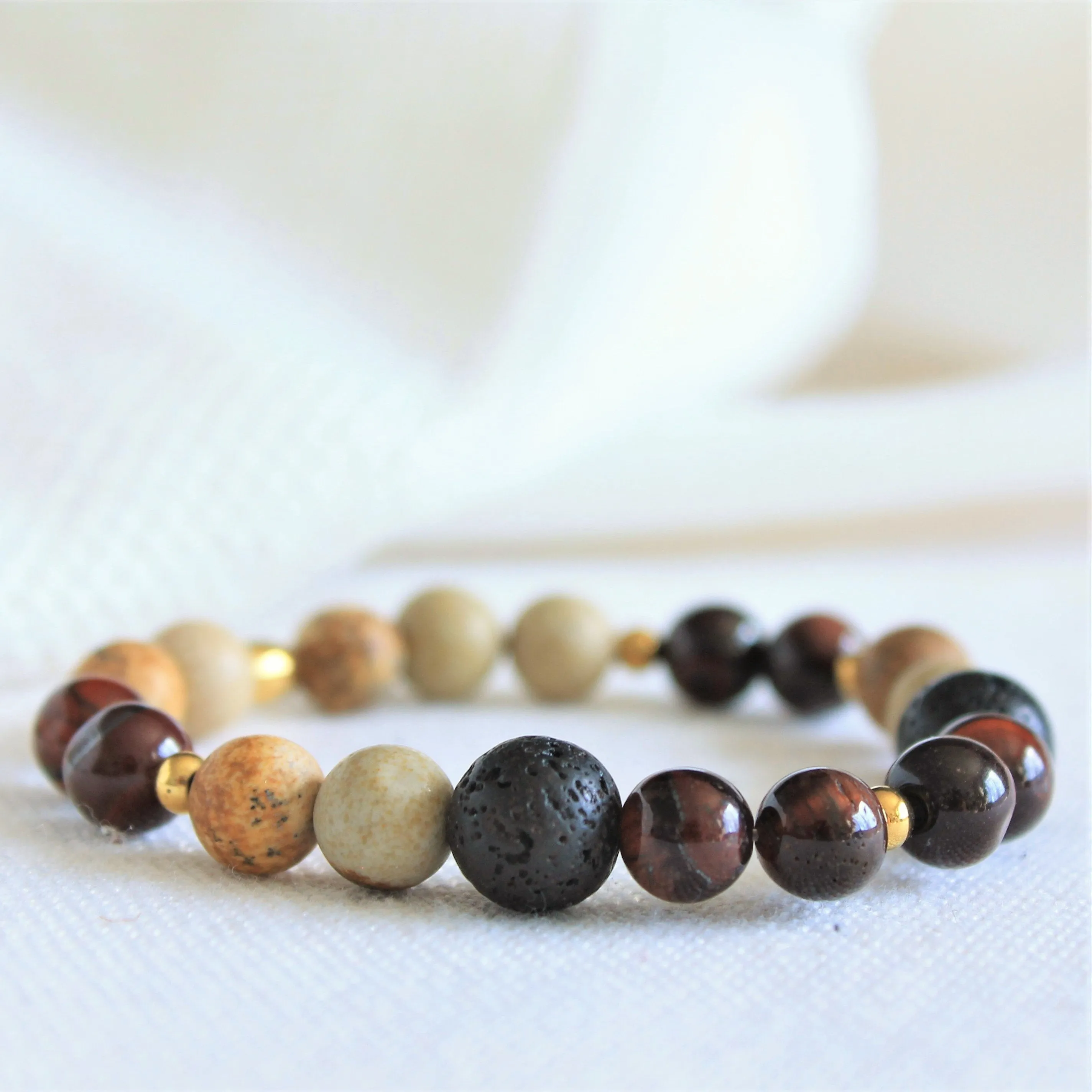 Bracelet élastique en pierres semi précieuses 8mm : jaspe paysage, oeil de taureau, pierre de lave et inox, diffuseur d'huiles essentielles