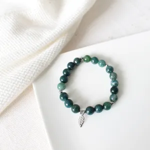 Bracelet élastique en pierres semi précieuses pour femmes : agate mousse, breloque arbre de vie et acier inoxydable