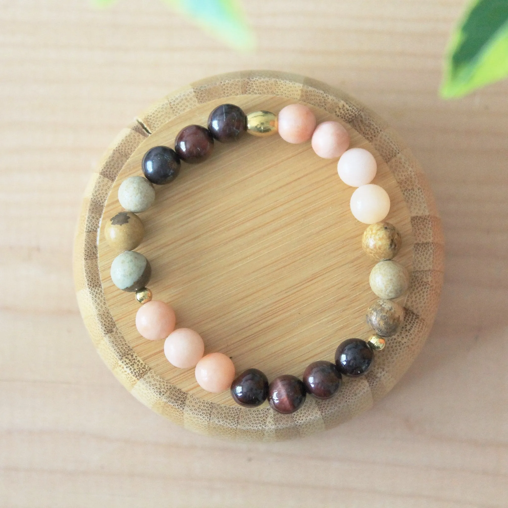 Bracelet élastique pour femmes en pierres semi précieuses 8mm : oeil de taureau, aventurine et jaspe paysage