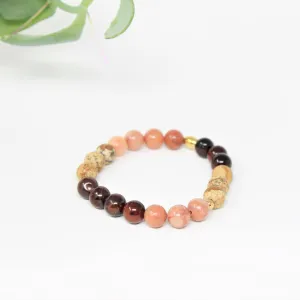 Bracelet élastique pour femmes en pierres semi précieuses 8mm : oeil de taureau, aventurine et jaspe paysage