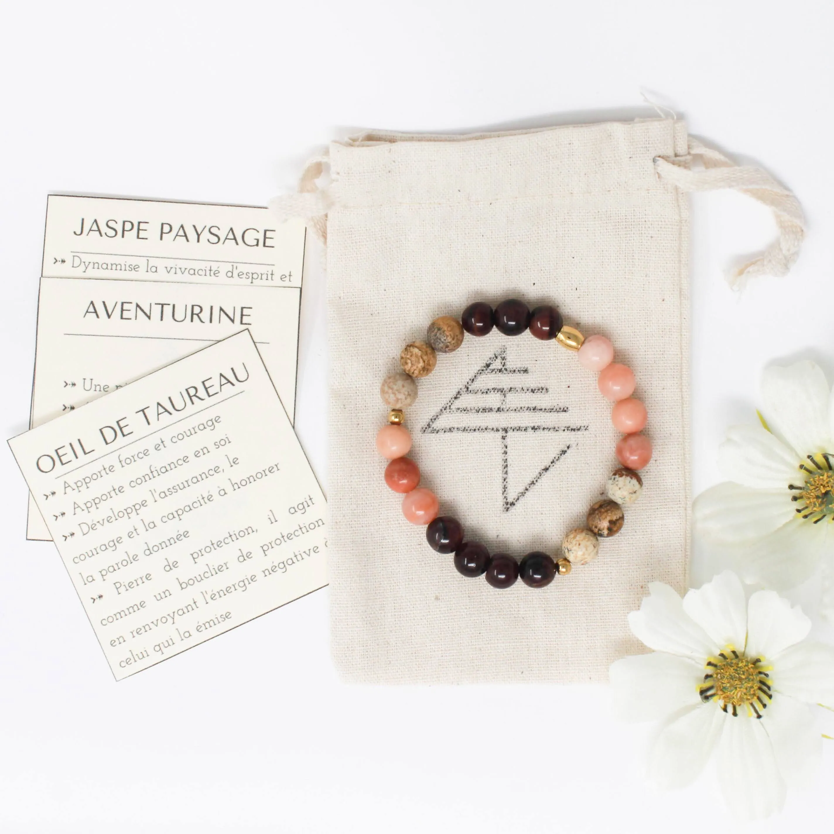 Bracelet élastique pour femmes en pierres semi précieuses 8mm : oeil de taureau, aventurine et jaspe paysage