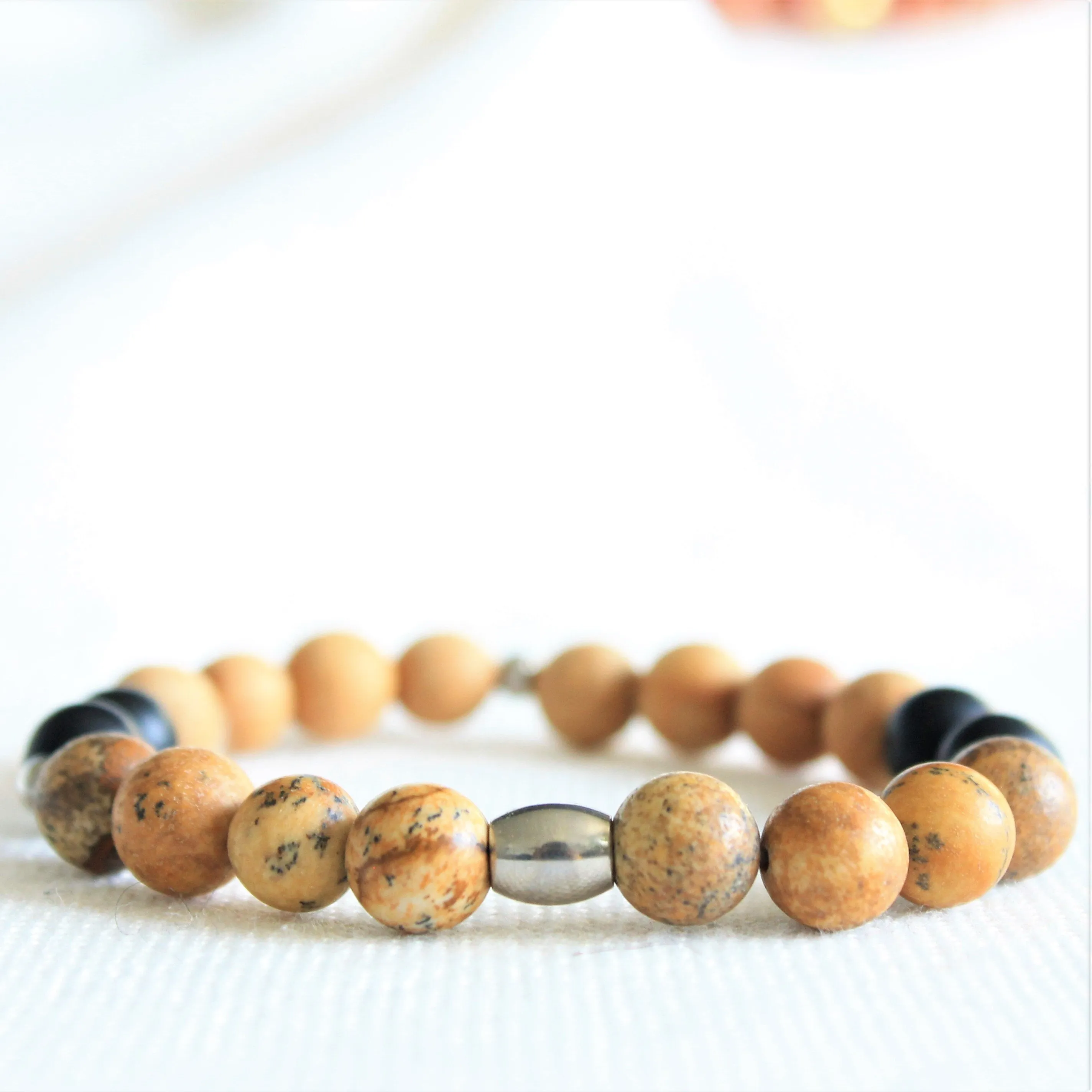 Bracelet élastique unisexe en pierres naturelles 8mm onyx et jaspe paysage, billes de bois de cèdre et acier inoxydable