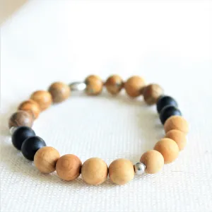 Bracelet élastique unisexe en pierres naturelles 8mm onyx et jaspe paysage, billes de bois de cèdre et acier inoxydable