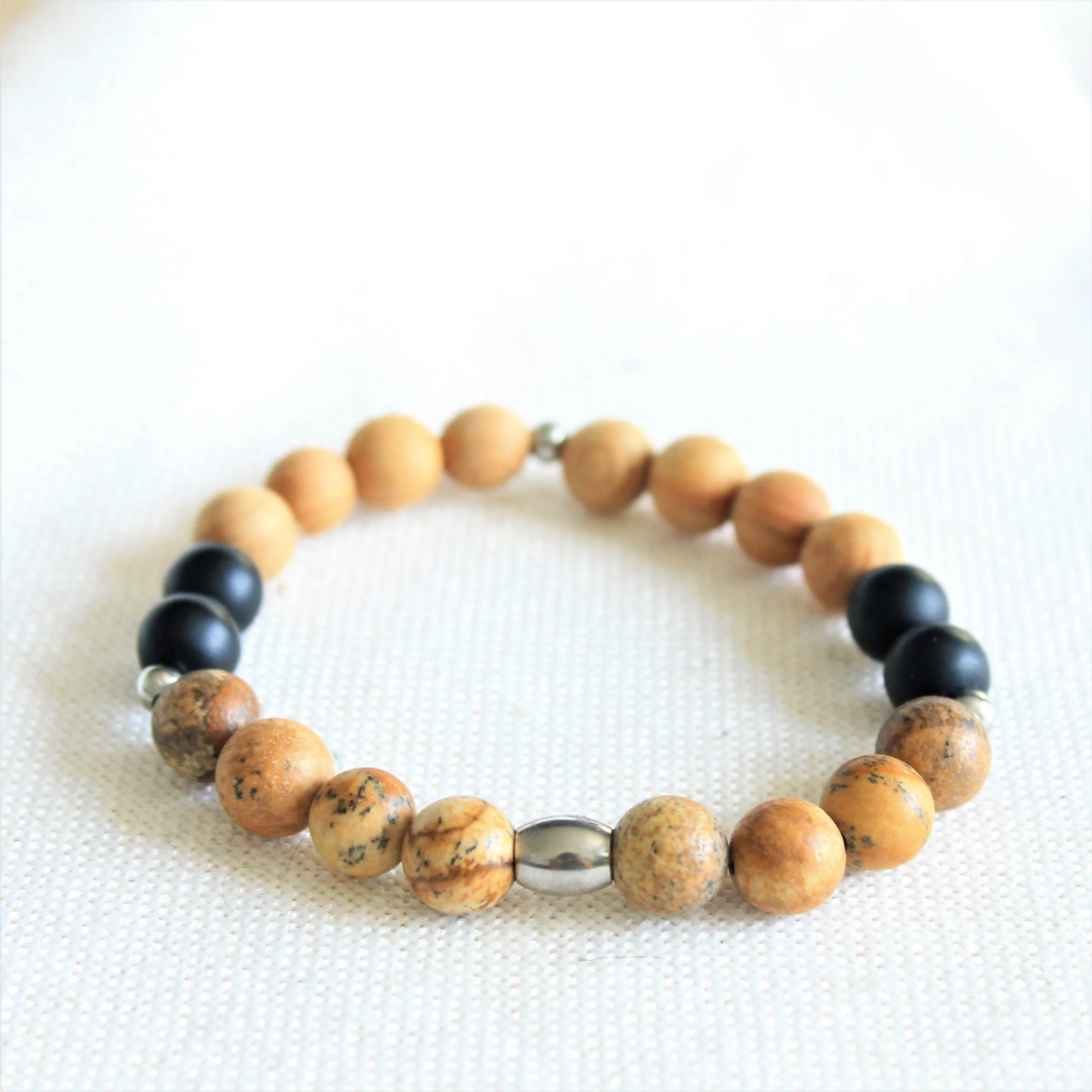 Bracelet élastique unisexe en pierres naturelles 8mm onyx et jaspe paysage, billes de bois de cèdre et acier inoxydable