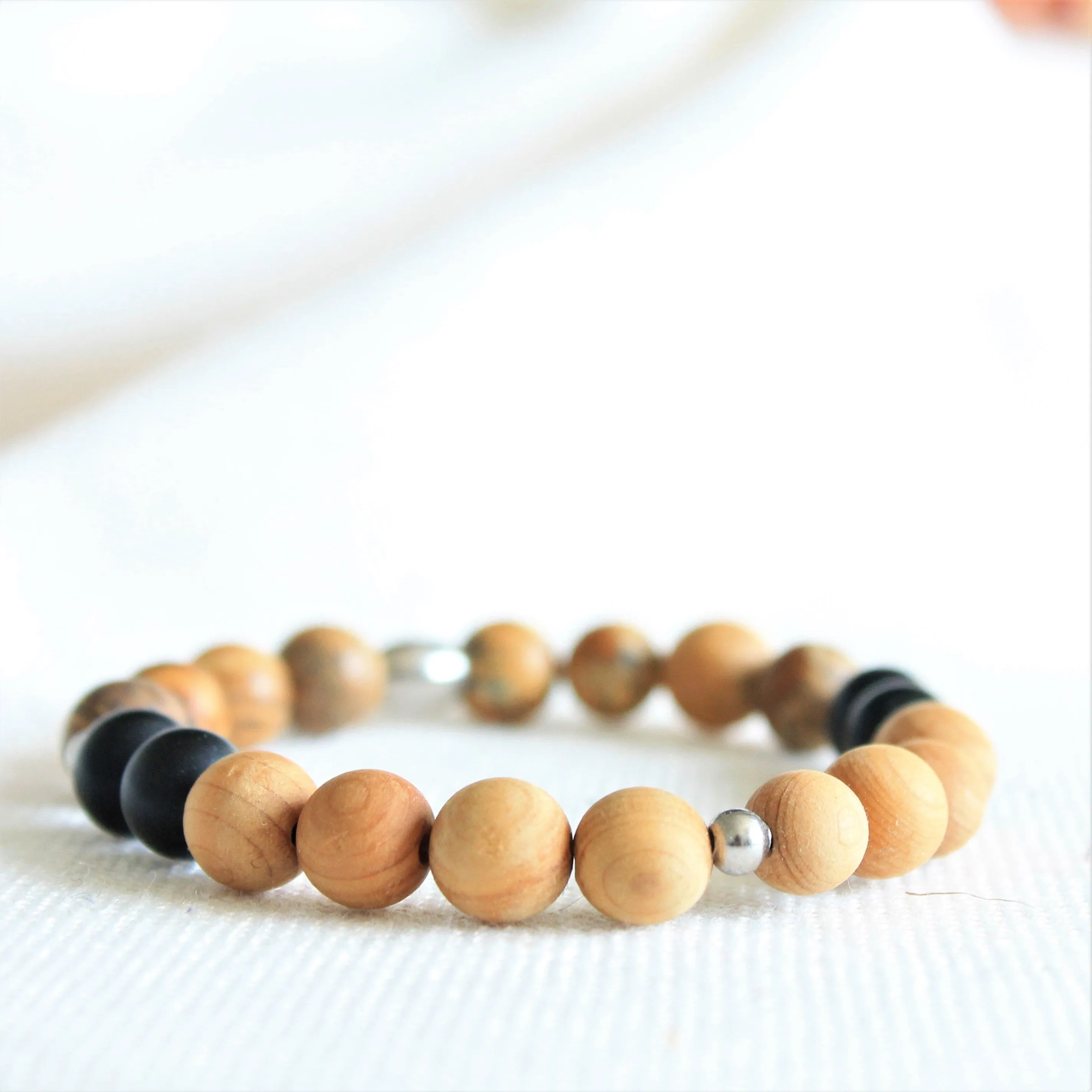 Bracelet élastique unisexe en pierres naturelles 8mm onyx et jaspe paysage, billes de bois de cèdre et acier inoxydable
