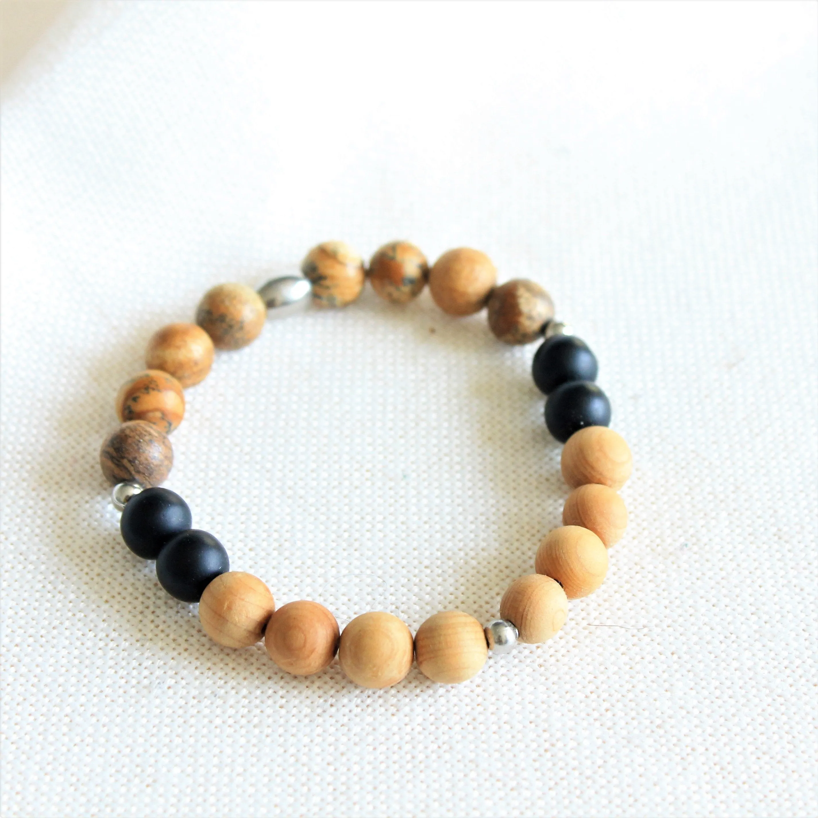 Bracelet élastique unisexe en pierres naturelles 8mm onyx et jaspe paysage, billes de bois de cèdre et acier inoxydable