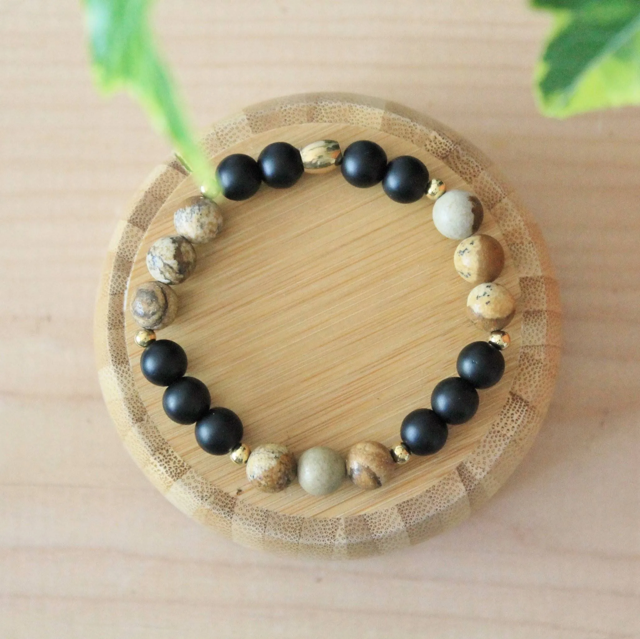 Bracelet élastique unisexe en pierres naturelles 8mm onyx et jaspe paysage et inox