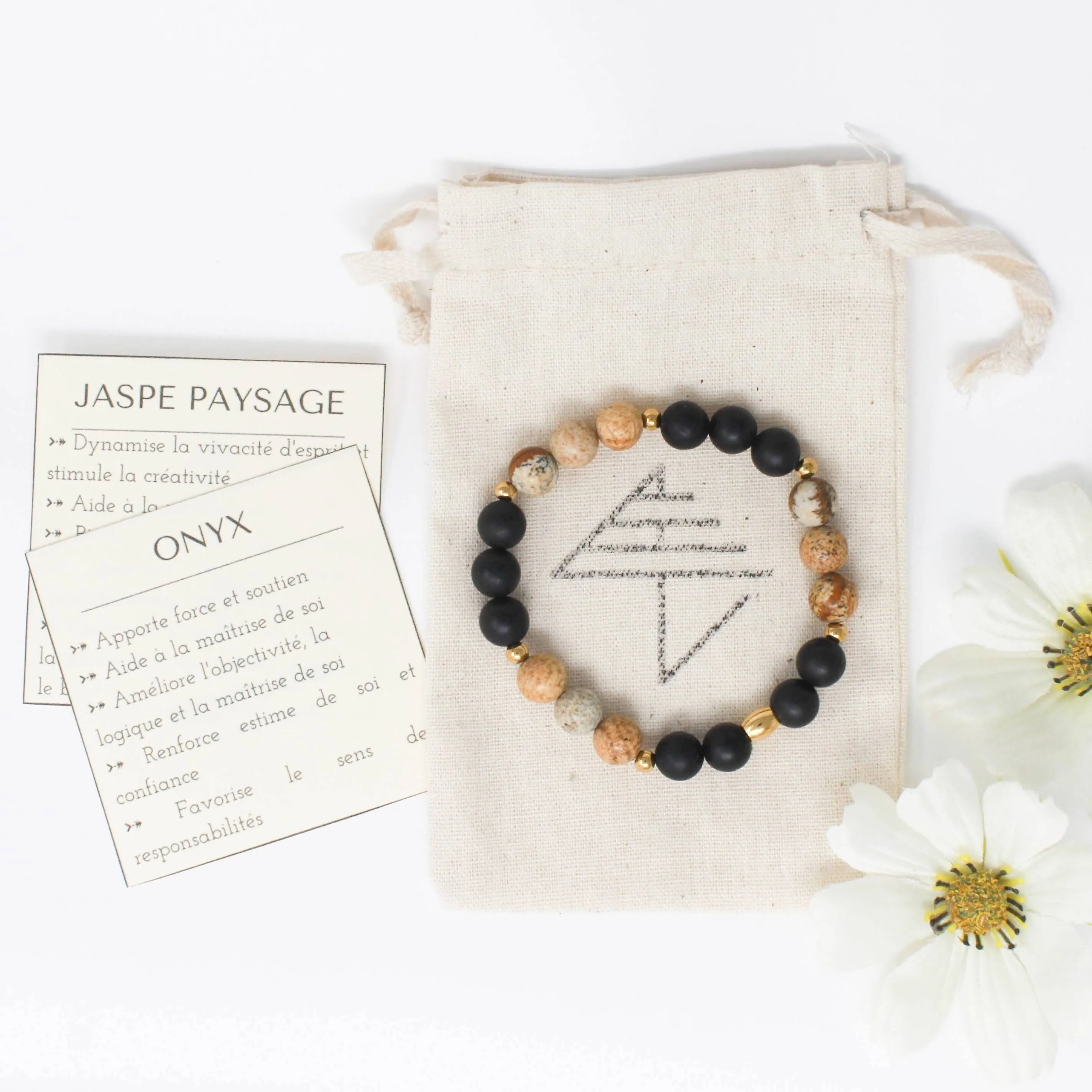 Bracelet élastique unisexe en pierres naturelles 8mm onyx et jaspe paysage et inox