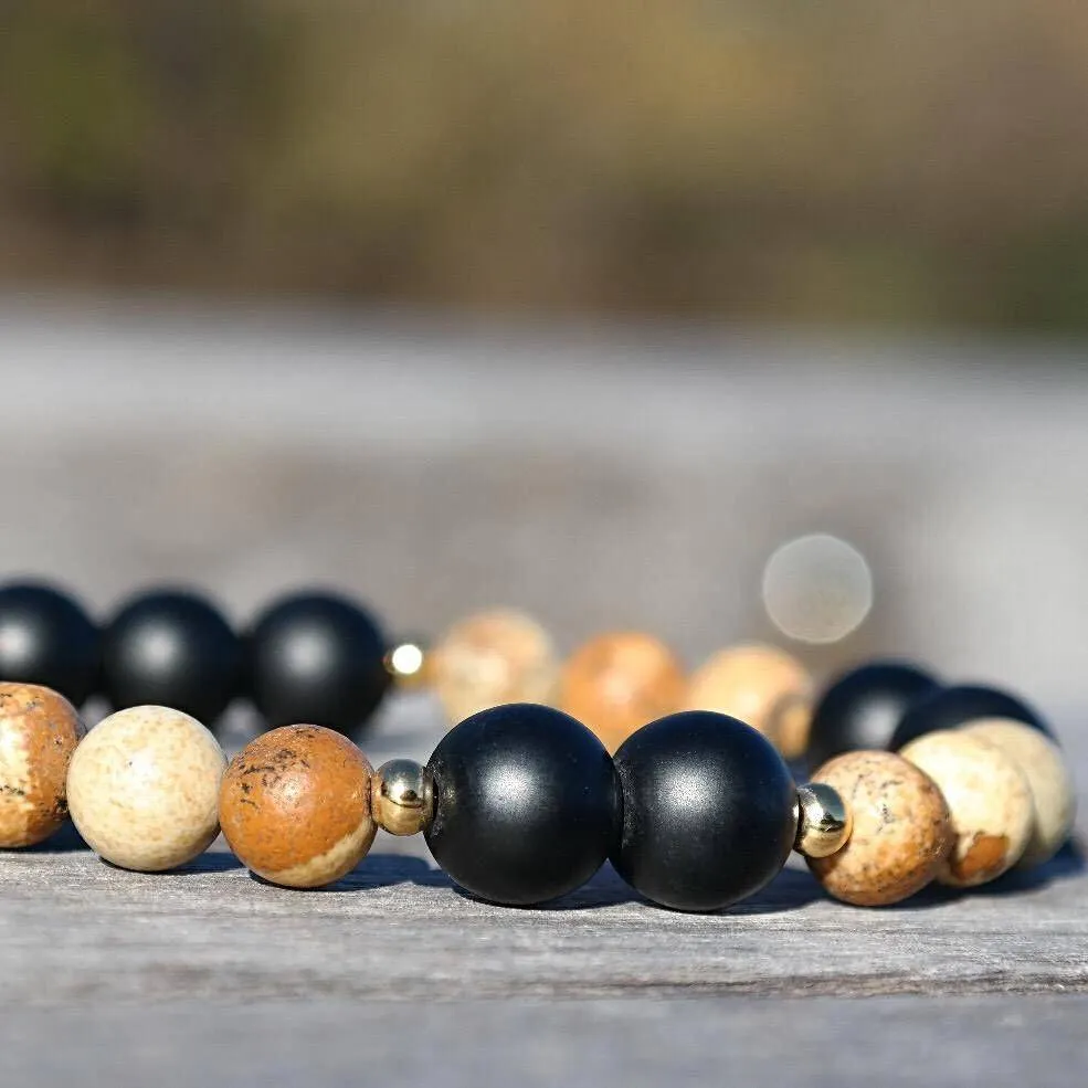 Bracelet élastique unisexe en pierres naturelles 8mm onyx et jaspe paysage et inox