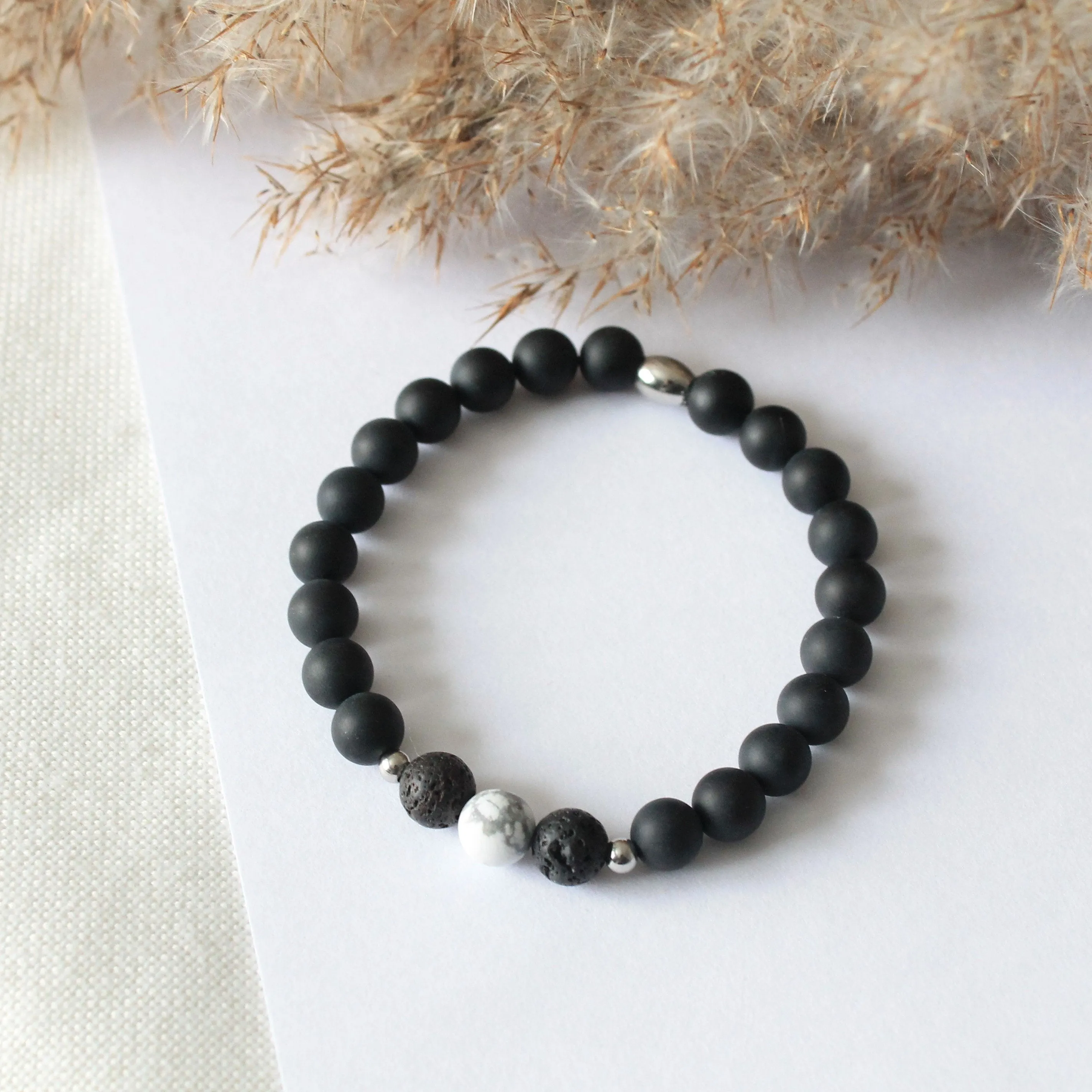 Bracelet élastique unisexe en pierres naturelles 8mm onyx, howlite et pierres de lave et acier inoxydable, diffuseur d'huiles essentielles