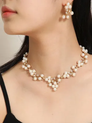 Bridal Big Pearl Cluster Necklace and Earrings 3 PC Jewelry Set, Large Pearl Prom Earrings and a Choker Necklace Wedding 3 PC Jewelry Set