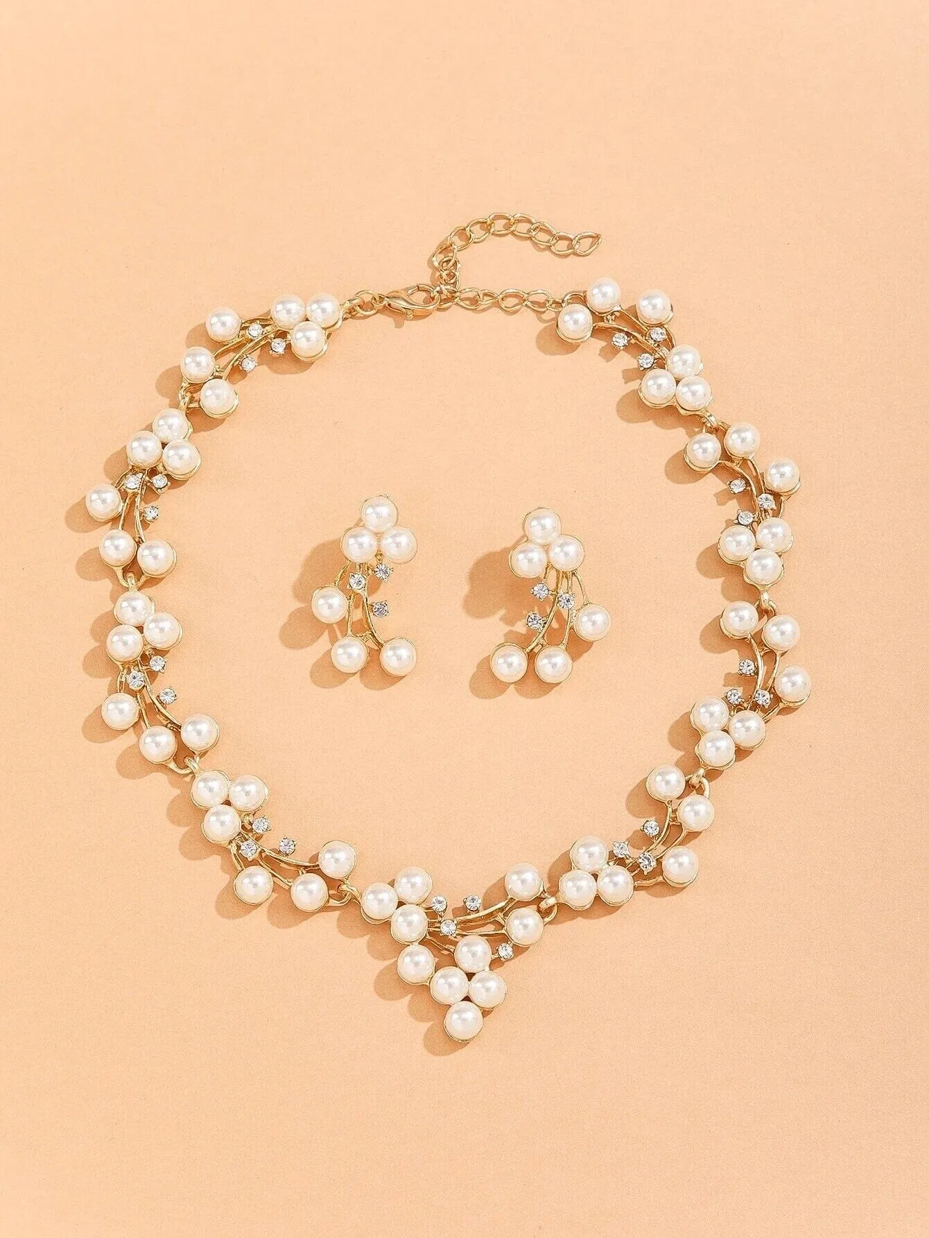Bridal Big Pearl Cluster Necklace and Earrings 3 PC Jewelry Set, Large Pearl Prom Earrings and a Choker Necklace Wedding 3 PC Jewelry Set