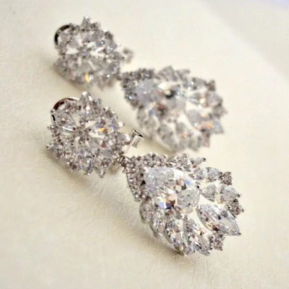 Bridal Drop Earrings. Marquise Cubic Zirconia Teardrop Bridal Earrings. Crystal Cluster Wedding Earrings. Wedding Jewelry. Bridesmaid Gift.