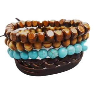 Brown Braided Leather with Turquoise and Natural Colored Wooden Beads Multilayer Bracelet Set