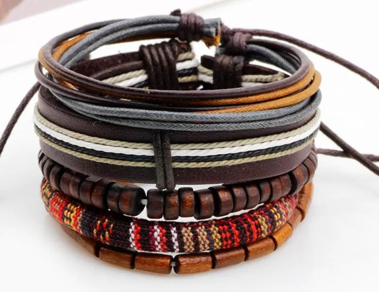 Brown  with Woven Colored rope with Dark Wooden Beads Multi-layer Bracelet