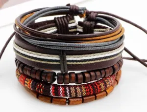 Brown  with Woven Colored rope with Dark Wooden Beads Multi-layer Bracelet
