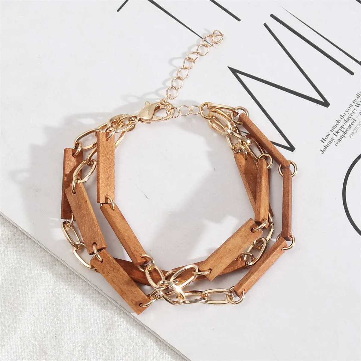 Brown Wood & 18K Gold-Plated Layered Bracelet