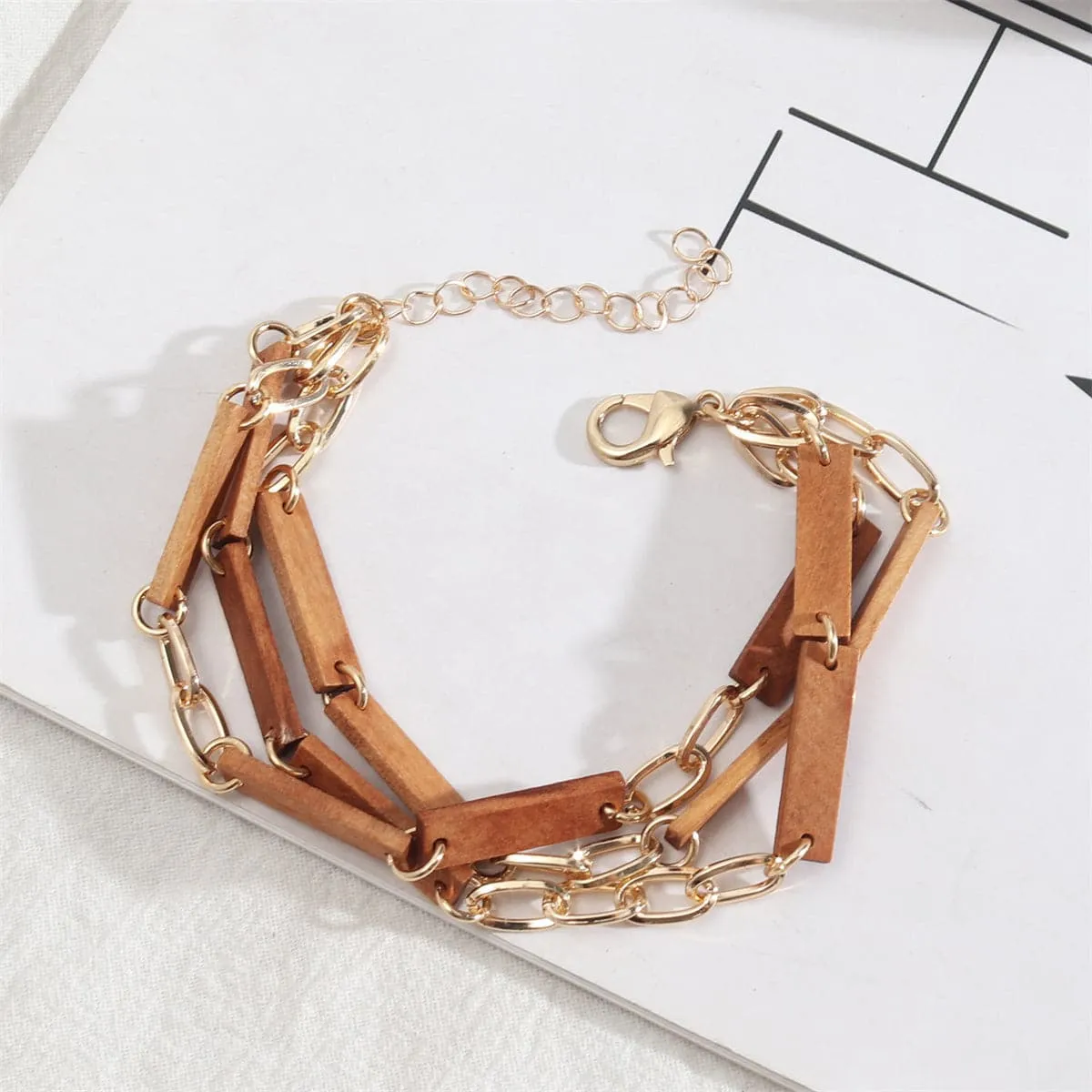 Brown Wood & 18K Gold-Plated Layered Bracelet
