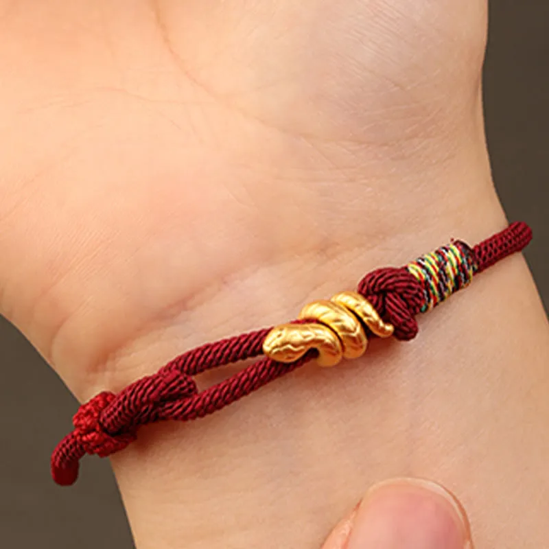 Buddha Stones 999 Gold Year of the Snake Design Handmade Luck Protection Rope Braided Bracelet
