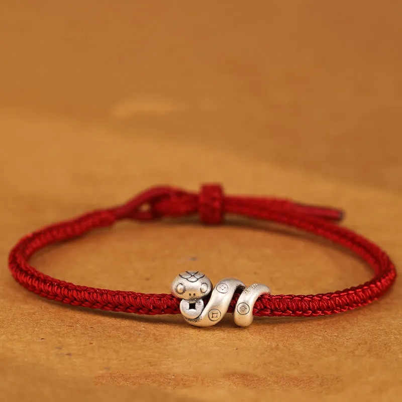 Buddha Stones 999 Sterling Silver Year of the Snake Handmade Copper Coin Protection Braided Bracelet