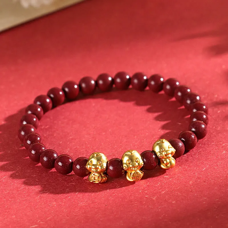 Buddha Stones Cinnabar 999 Sterling Silver Fu Character Coin Gold Ingot Year of the Snake Calm Bracelet