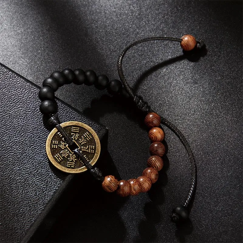 Buddha Stones Ebony Wood Wenge Wood Mountain Ghosts Spend Money Bagua Copper Coin Peace Bracelet