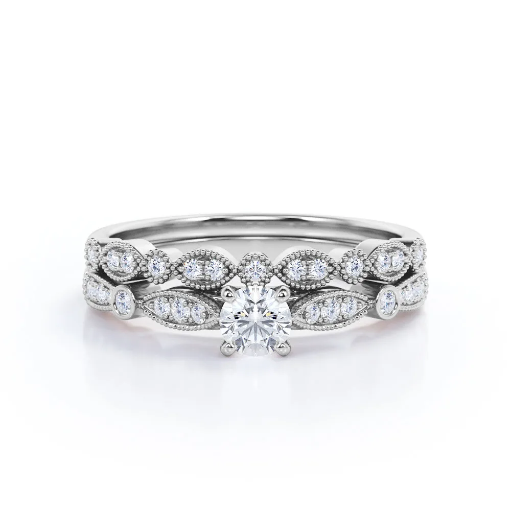 Cathedral setting  0.75 carat Round cut Moissanite and diamond art deco inspired wedding ring set for women in White gold