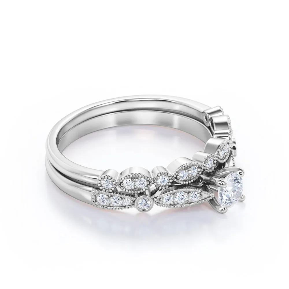 Cathedral setting  0.75 carat Round cut Moissanite and diamond art deco inspired wedding ring set for women in White gold