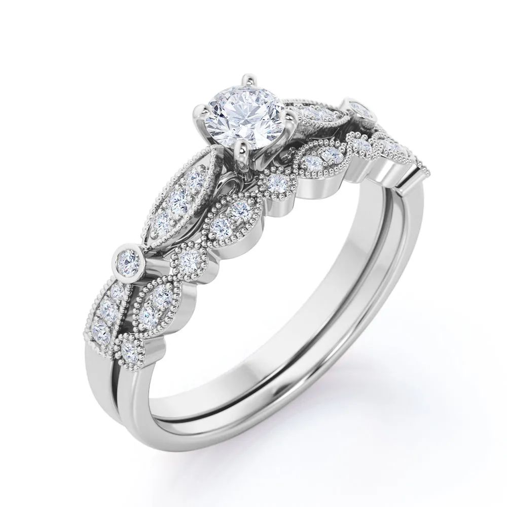 Cathedral setting  0.75 carat Round cut Moissanite and diamond art deco inspired wedding ring set for women in White gold