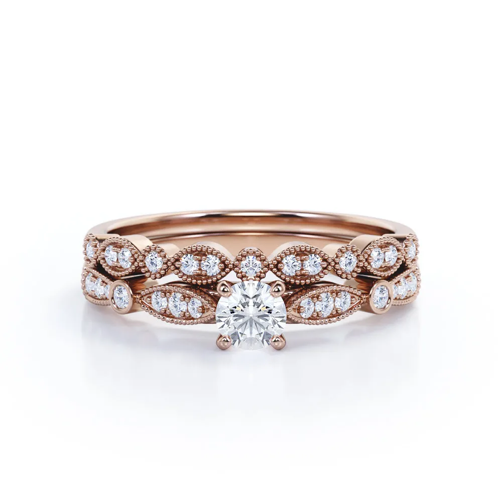 Cathedral setting  0.75 carat Round cut Moissanite and diamond art deco inspired wedding ring set for women in White gold