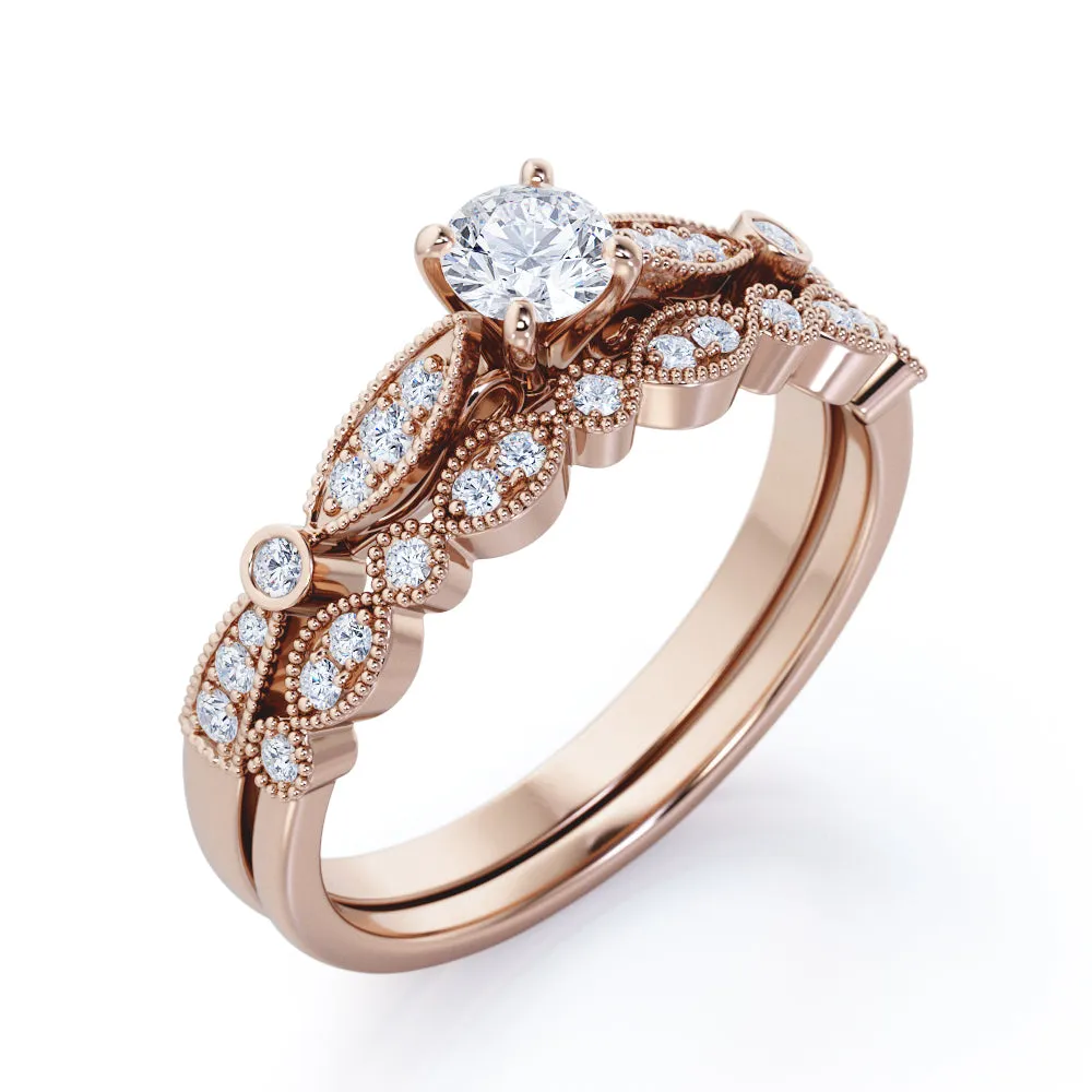 Cathedral setting  0.75 carat Round cut Moissanite and diamond art deco inspired wedding ring set for women in White gold