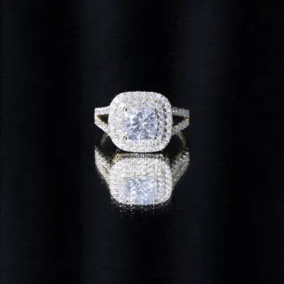 Certified Cushion Cut Moissanite Double Halo Engagement Ring