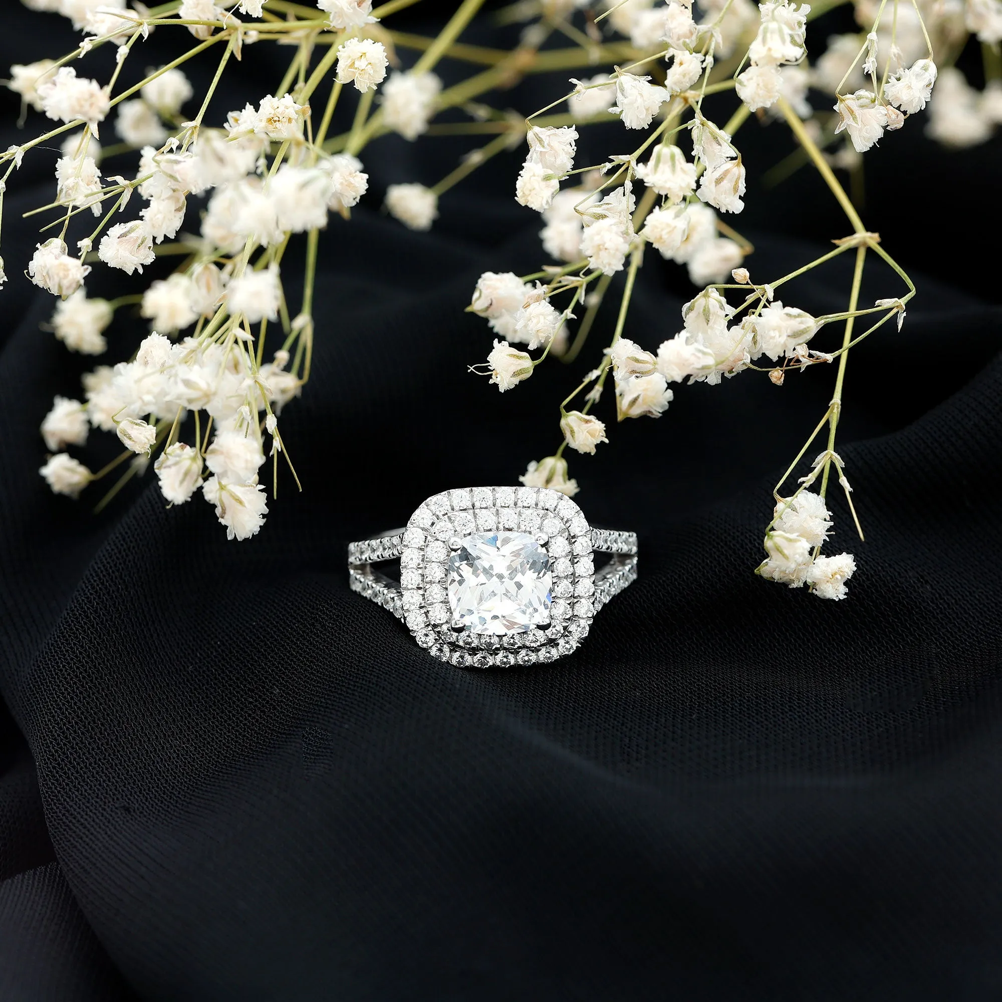 Certified Cushion Cut Moissanite Double Halo Engagement Ring