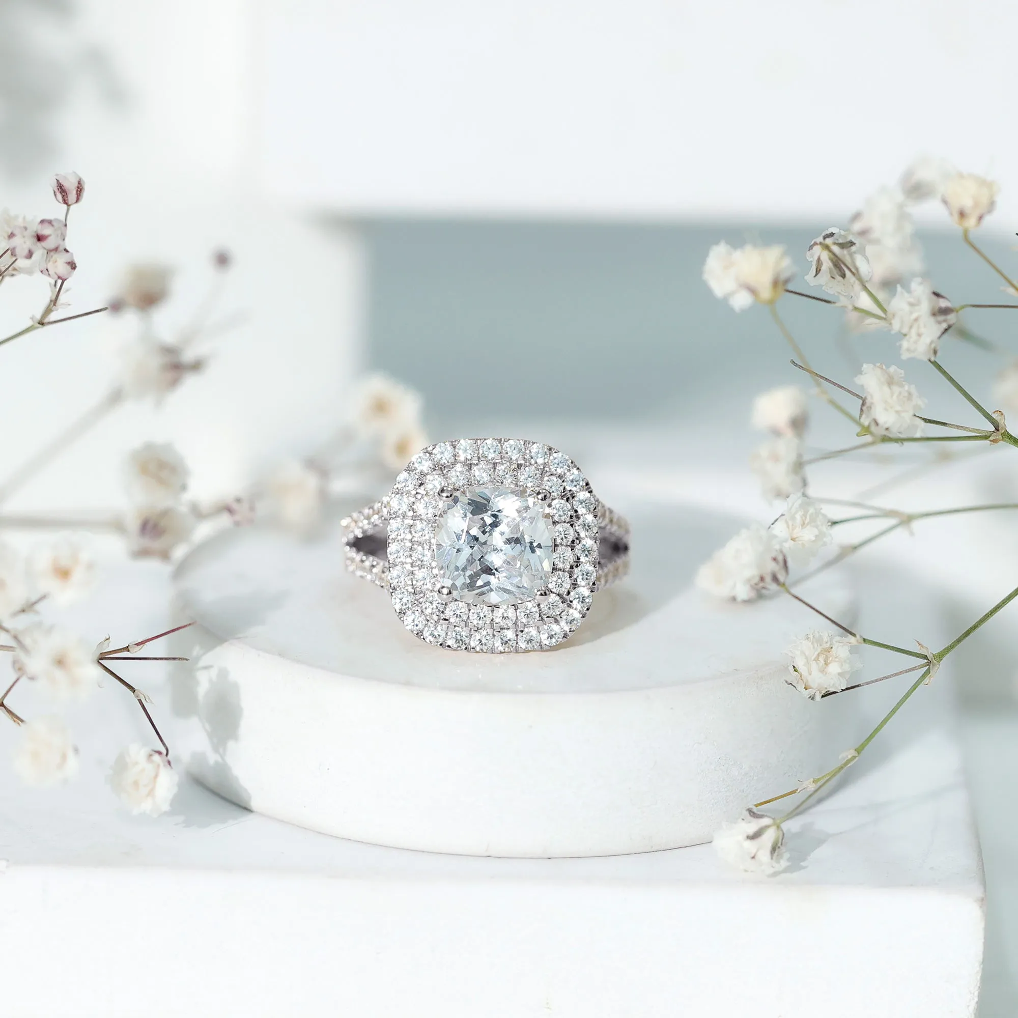 Certified Cushion Cut Moissanite Double Halo Engagement Ring