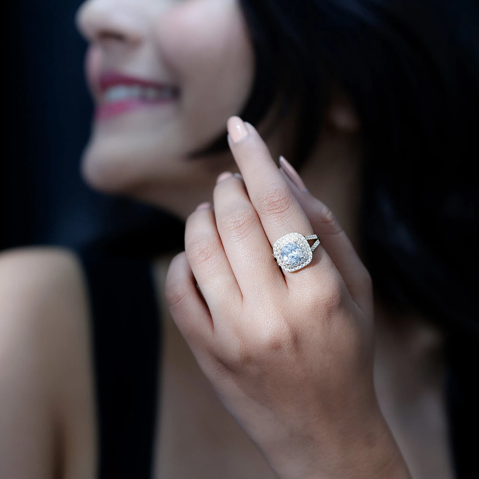 Certified Cushion Cut Moissanite Double Halo Engagement Ring